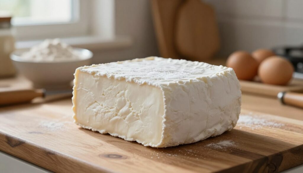 A close-up image of a block of frozen white cheese, or twaróg, placed on a wooden kitchen counter. In the foreground, showcase the textured surface of the cheese with frost crystals glistening, creating a fresh and inviting look. The middle ground features a rustic kitchen scene, including a bowl of ingredients like flour and eggs, hinting at traditional Polish cooking. Soft, natural lighting filters in from a nearby window, casting gentle shadows and enhancing the warm tones of the wood. The background should be slightly blurred, with hints of kitchen utensils and a cozy atmosphere, evoking a sense of home and warmth, ideal for preparing pierogi and cheesecake. A close-up image of a block of frozen white cheese, or twaróg, placed on a wooden kitchen counter. In the foreground, showcase the textured surface of the cheese with frost crystals glistening, creating a fresh and inviting look. The middle ground features a rustic kitchen scene, including a bowl of ingredients like flour and eggs, hinting at traditional Polish cooking. Soft, natural lighting filters in from a nearby window, casting gentle shadows and enhancing the warm tones of the wood. The background should be slightly blurred, with hints of kitchen utensils and a cozy atmosphere, evoking a sense of home and warmth, ideal for preparing pierogi and cheesecake.