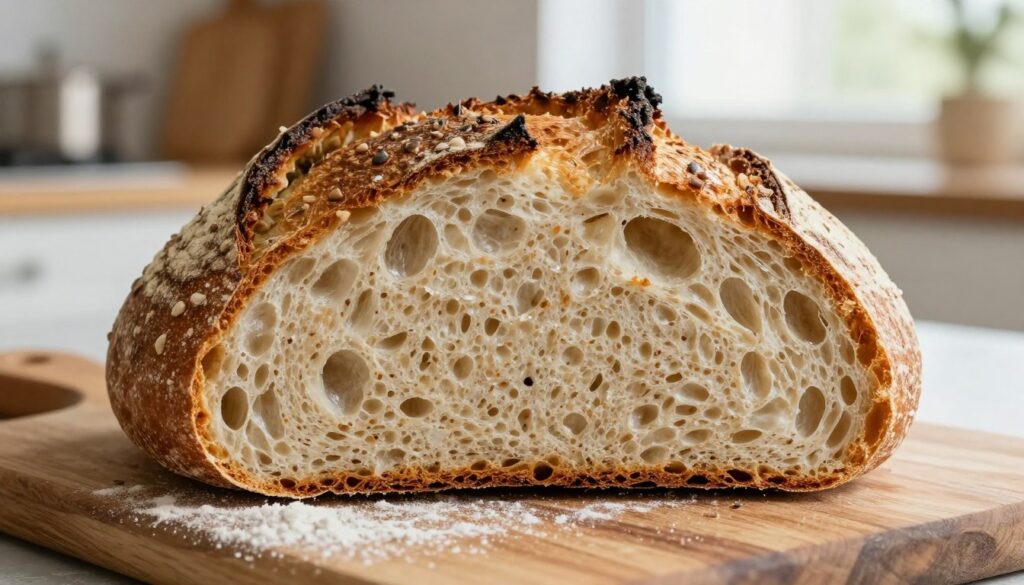 A close-up image of a freshly baked rye bread with a distinctively crusty, golden-brown exterior, showcasing its texture. The bread is cut open, revealing a moist, airy, and aromatic interior with subtle hints of grain and a light sheen. In the foreground, freshly scattered flour and a rustic wooden cutting board add warmth and authenticity. The background features a softly blurred kitchen setting, with natural light streaming in through a window, creating an inviting and cozy atmosphere. The image conveys a sense of craftsmanship and culinary delight, representing the secrets of achieving a perfect balance between a crunchy crust and a moist crumb. The shot is taken from a slightly elevated angle, highlighting the bread's details while maintaining an aesthetic appeal. A close-up image of a freshly baked rye bread with a distinctively crusty, golden-brown exterior, showcasing its texture. The bread is cut open, revealing a moist, airy, and aromatic interior with subtle hints of grain and a light sheen. In the foreground, freshly scattered flour and a rustic wooden cutting board add warmth and authenticity. The background features a softly blurred kitchen setting, with natural light streaming in through a window, creating an inviting and cozy atmosphere. The image conveys a sense of craftsmanship and culinary delight, representing the secrets of achieving a perfect balance between a crunchy crust and a moist crumb. The shot is taken from a slightly elevated angle, highlighting the bread's details while maintaining an aesthetic appeal.
