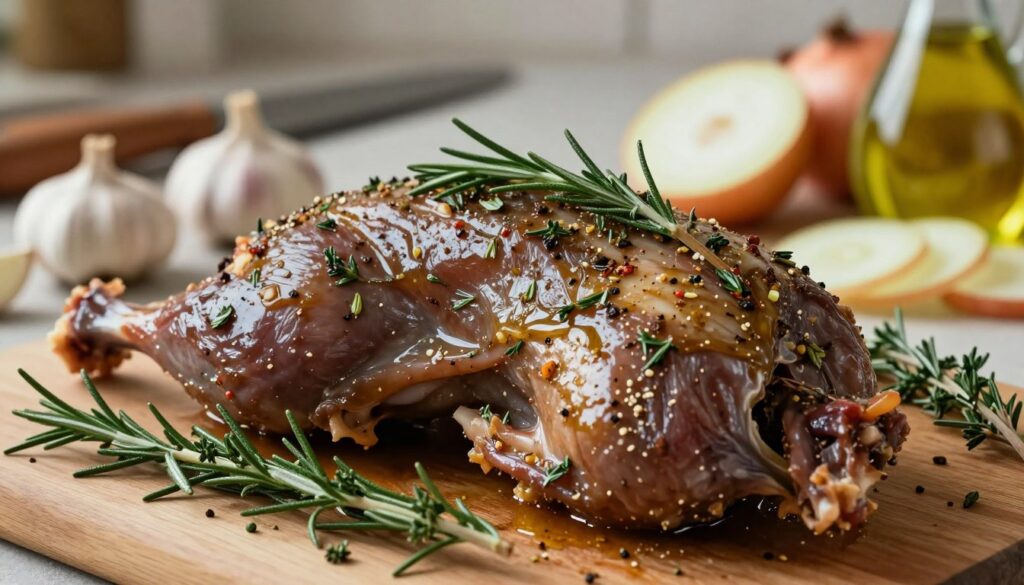 A close-up image of a marinated rabbit ready for cooking. The foreground features a beautifully arranged dish with the rabbit, glistening with a rich marinade of herbs and spices, showcasing hues of deep brown and vibrant greens. Fresh rosemary and thyme sprigs are artfully scattered around. The middle ground includes rustic ingredients like garlic, sliced onions, and a splash of olive oil, hinting at the preparation process. In the background, soft, diffused lighting creates a warm, inviting kitchen atmosphere, with blurred utensils and a wooden cutting board. The scene conveys an aromatic, homey feel, emphasizing the idea of marination as the key to a succulent, flavorful dish. A close-up image of a marinated rabbit ready for cooking. The foreground features a beautifully arranged dish with the rabbit, glistening with a rich marinade of herbs and spices, showcasing hues of deep brown and vibrant greens. Fresh rosemary and thyme sprigs are artfully scattered around. The middle ground includes rustic ingredients like garlic, sliced onions, and a splash of olive oil, hinting at the preparation process. In the background, soft, diffused lighting creates a warm, inviting kitchen atmosphere, with blurred utensils and a wooden cutting board. The scene conveys an aromatic, homey feel, emphasizing the idea of marination as the key to a succulent, flavorful dish.