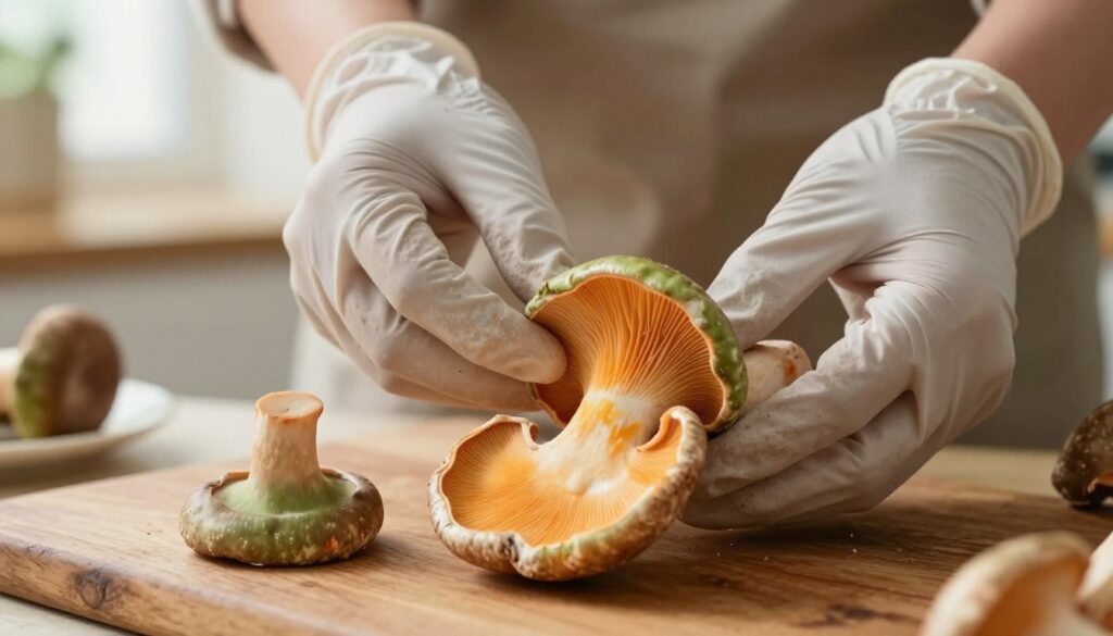 A close-up image of a person gently peeling the caps of saffron milk caps (Lactarius deliciosus), showcasing the delicate orange and green hues of the mushrooms. The foreground features the mushrooms on a rustic wooden table, with one half-peeled cap prominently displayed, revealing its smooth underside. In the middle, a pair of hands, clad in modest casual gloves, carefully hold the mushroom, emphasizing the peeling process. The background includes hints of a bright kitchen setting with soft, natural lighting filtering through a window, creating a warm and inviting atmosphere. The lens captures the textures of the mushroom caps and the intricate details of the hands, evoking a sense of care and culinary expertise, all while maintaining a clean, professional aesthetic. A close-up image of a person gently peeling the caps of saffron milk caps (Lactarius deliciosus), showcasing the delicate orange and green hues of the mushrooms. The foreground features the mushrooms on a rustic wooden table, with one half-peeled cap prominently displayed, revealing its smooth underside. In the middle, a pair of hands, clad in modest casual gloves, carefully hold the mushroom, emphasizing the peeling process. The background includes hints of a bright kitchen setting with soft, natural lighting filtering through a window, creating a warm and inviting atmosphere. The lens captures the textures of the mushroom caps and the intricate details of the hands, evoking a sense of care and culinary expertise, all while maintaining a clean, professional aesthetic.