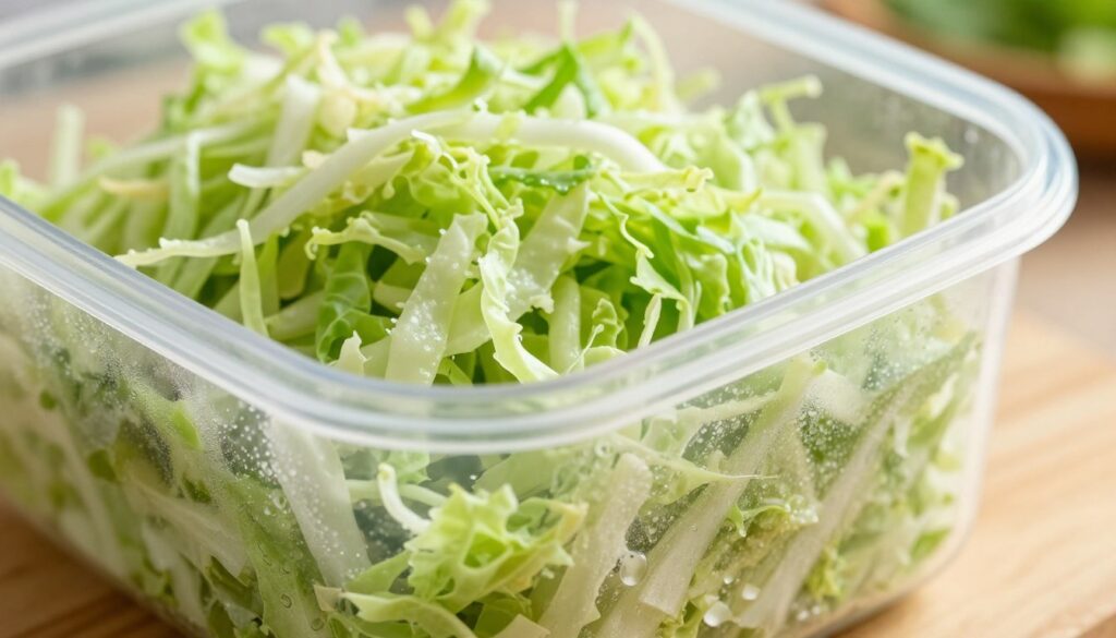 A close-up image of frozen sauerkraut in a transparent, airtight container, highlighting the texture and vibrant green color of the shredded cabbage. The foreground features droplets of condensation on the container, indicating its frozen state. In the middle, soft, diffused lighting emphasizes the freshness and crispness of the sauerkraut, while a gently blurred wooden kitchen surface serves as the background, enhancing the homely atmosphere. The overall mood is inviting and wholesome, suggesting the idea of preservation and proper storage. The composition should be shot from a slightly elevated angle to capture both the container and the table, creating an engaging visual narrative around the concept of freezing fermented vegetables.