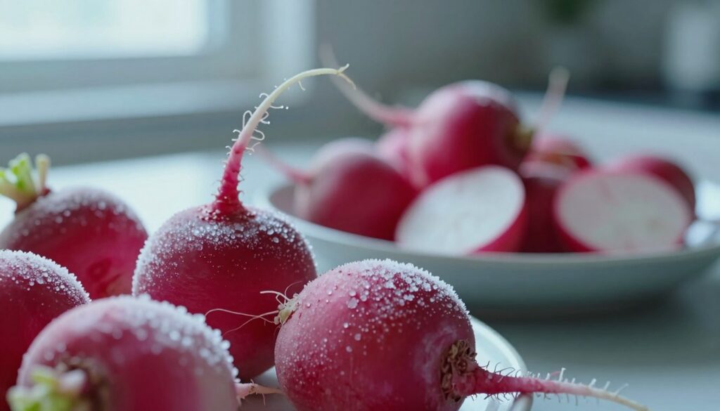 A close-up image showcasing the effects of low temperatures on radishes. In the foreground, depict a few vibrant red radishes with frost crystals forming on their surface, highlighting the texture change due to freezing. In the middle ground, include a shallow dish filled with thawed, limp radishes, presenting a stark contrast to their frosty counterparts. The background should feature a cool-toned kitchen setting with light streaming in softly from a nearby window, creating a serene and scientific atmosphere. Use a soft focus effect and a macro lens perspective to emphasize the details of the radish skin, showcasing the cellular structure altered by freezing. The overall mood is calm and educational, inviting viewers to ponder the impact of temperature on vegetable texture. A close-up image showcasing the effects of low temperatures on radishes. In the foreground, depict a few vibrant red radishes with frost crystals forming on their surface, highlighting the texture change due to freezing. In the middle ground, include a shallow dish filled with thawed, limp radishes, presenting a stark contrast to their frosty counterparts. The background should feature a cool-toned kitchen setting with light streaming in softly from a nearby window, creating a serene and scientific atmosphere. Use a soft focus effect and a macro lens perspective to emphasize the details of the radish skin, showcasing the cellular structure altered by freezing. The overall mood is calm and educational, inviting viewers to ponder the impact of temperature on vegetable texture.
