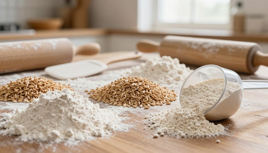 A close-up image showcasing various types of flour spread on a rustic wooden surface, emphasizing the textures and colors of whole wheat, rye, and white flour. In the foreground, a measuring cup filled with flour is tilted, spilling out some granules. The middle layer features baking essentials like a dough scraper and a rolling pin, partially dusted with flour, hinting at the process of bread-making. In the background, a warm, inviting kitchen with soft natural light streaming through a window enhances the atmosphere. The scene conveys an inspirational mood, focusing on the effect of different flours on the baking process, ideal for creating a crusty loaf with a soft crumb. A close-up image showcasing various types of flour spread on a rustic wooden surface, emphasizing the textures and colors of whole wheat, rye, and white flour. In the foreground, a measuring cup filled with flour is tilted, spilling out some granules. The middle layer features baking essentials like a dough scraper and a rolling pin, partially dusted with flour, hinting at the process of bread-making. In the background, a warm, inviting kitchen with soft natural light streaming through a window enhances the atmosphere. The scene conveys an inspirational mood, focusing on the effect of different flours on the baking process, ideal for creating a crusty loaf with a soft crumb.