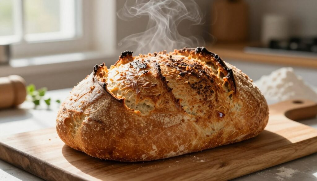 A close-up of a freshly baked loaf of bread with a beautifully golden, crispy crust, showcasing intricate textures and glistening surfaces. The bread, placed on a rustic wooden cutting board, features a few steam wisps rising from its warm body. Soft morning light filters in from a nearby window, illuminating the crust and emphasizing its crunchiness while casting gentle shadows. In the background, a blurred kitchen scene with baking tools, flour, and herbs evokes a warm and inviting atmosphere, suggesting a homey baking environment. The focus should be purely on the bread, with no distractions, capturing the essence of achieving the ideal crust when baking at the right temperature. A close-up of a freshly baked loaf of bread with a beautifully golden, crispy crust, showcasing intricate textures and glistening surfaces. The bread, placed on a rustic wooden cutting board, features a few steam wisps rising from its warm body. Soft morning light filters in from a nearby window, illuminating the crust and emphasizing its crunchiness while casting gentle shadows. In the background, a blurred kitchen scene with baking tools, flour, and herbs evokes a warm and inviting atmosphere, suggesting a homey baking environment. The focus should be purely on the bread, with no distractions, capturing the essence of achieving the ideal crust when baking at the right temperature.