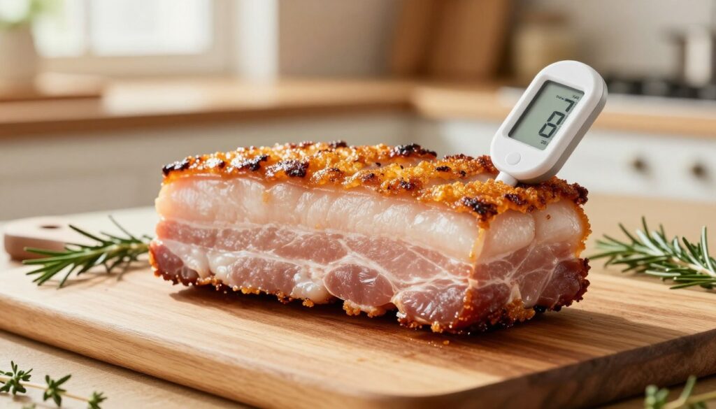 A close-up of a perfectly cooked pork belly with a crispy, golden-brown crust, resting on a clean wooden cutting board. A digital kitchen thermometer is embedded in the thickest part of the meat, displaying an ideal temperature reading. In the background, a warm kitchen setting is visible, with soft, natural light spilling through a nearby window, enhancing the rich colors of the pork and surrounding herbs such as rosemary and thyme. The atmosphere feels inviting and cozy, emphasizing a sense of quality and care in cooking. The focus is sharp on the pork, while the background is softly blurred, creating a professional yet homey feel suitable for culinary enthusiasts. A close-up of a perfectly cooked pork belly with a crispy, golden-brown crust, resting on a clean wooden cutting board. A digital kitchen thermometer is embedded in the thickest part of the meat, displaying an ideal temperature reading. In the background, a warm kitchen setting is visible, with soft, natural light spilling through a nearby window, enhancing the rich colors of the pork and surrounding herbs such as rosemary and thyme. The atmosphere feels inviting and cozy, emphasizing a sense of quality and care in cooking. The focus is sharp on the pork, while the background is softly blurred, creating a professional yet homey feel suitable for culinary enthusiasts.