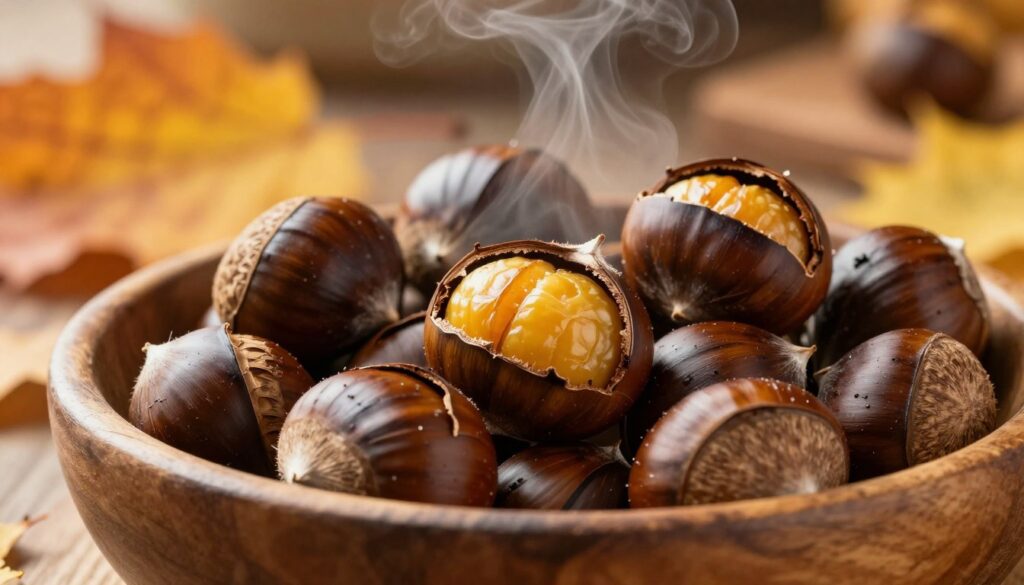 A close-up of freshly roasted sweet chestnuts (kasztany jadalne) in a rustic wooden bowl, showcasing their glossy, dark brown shells with a slight sheen and a few cracked-open to reveal the golden, soft insides. The foreground highlights the chestnuts, invitingly arranged, with steam gently rising from them, suggestive of warmth and comfort. In the middle background, a softly blurred autumn scene includes fallen leaves in vibrant shades of orange and yellow, enhancing the seasonal mood. The lighting is warm and natural, reminiscent of a cozy kitchen, casting soft shadows. The overall atmosphere is inviting and homely, ideal for a culinary focus on perfect roasted chestnuts. A close-up of freshly roasted sweet chestnuts (kasztany jadalne) in a rustic wooden bowl, showcasing their glossy, dark brown shells with a slight sheen and a few cracked-open to reveal the golden, soft insides. The foreground highlights the chestnuts, invitingly arranged, with steam gently rising from them, suggestive of warmth and comfort. In the middle background, a softly blurred autumn scene includes fallen leaves in vibrant shades of orange and yellow, enhancing the seasonal mood. The lighting is warm and natural, reminiscent of a cozy kitchen, casting soft shadows. The overall atmosphere is inviting and homely, ideal for a culinary focus on perfect roasted chestnuts.