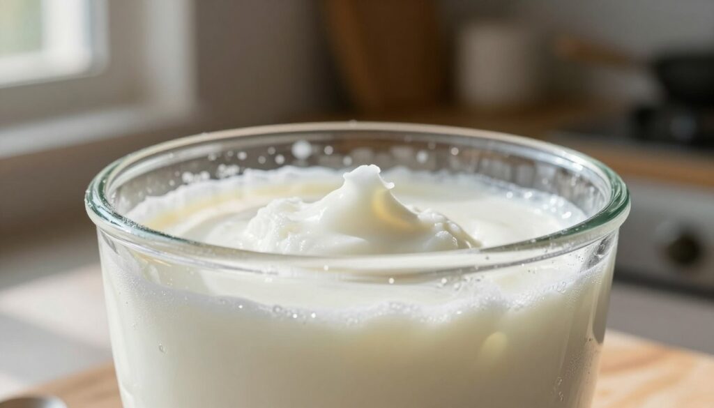 A close-up of frozen milk in a clear glass container, showcasing its icy texture and creamy appearance. The foreground features shimmering frost on the glass, emphasizing the coldness. In the middle, the milk is slightly slushy, indicating it has been frozen and is ready to be thawed, with tiny ice crystals visible on the surface. The background is softly blurred, suggesting a cozy kitchen setting with warm lighting, hinting at a homey atmosphere. Sunlight filters through a nearby window, casting gentle shadows and highlighting the freshness of the milk. The scene evokes a sense of practicality and warmth, reminding viewers of the benefits of freezing milk for future use. A close-up of frozen milk in a clear glass container, showcasing its icy texture and creamy appearance. The foreground features shimmering frost on the glass, emphasizing the coldness. In the middle, the milk is slightly slushy, indicating it has been frozen and is ready to be thawed, with tiny ice crystals visible on the surface. The background is softly blurred, suggesting a cozy kitchen setting with warm lighting, hinting at a homey atmosphere. Sunlight filters through a nearby window, casting gentle shadows and highlighting the freshness of the milk. The scene evokes a sense of practicality and warmth, reminding viewers of the benefits of freezing milk for future use.