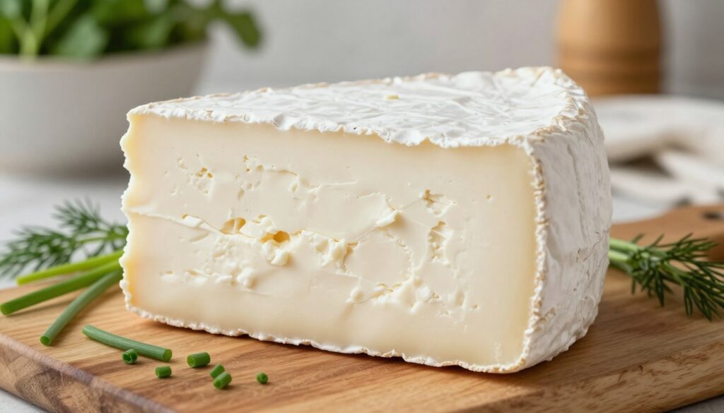 A close-up shot of a creamy, smooth block of twaróg cheese, showcasing its fine, crumbly texture. The scene is well-lit with soft, natural lighting that highlights the cheese's surface and nuanced details of its structure. In the foreground, the twaróg is placed on a rustic wooden cutting board, with a few scattered herbs like chives and dill for added freshness. In the background, gentle hints of kitchen decor create a warm and inviting atmosphere, with soft-focus elements like a bowl of fresh vegetables and a kitchen towel. The overall mood is cozy and homey, emphasizing the artisanal quality of the twaróg while illustrating the impact of fat content on its structure. The camera angle is slightly above, capturing the cheese's texture and the surrounding elements in a harmonious composition.
