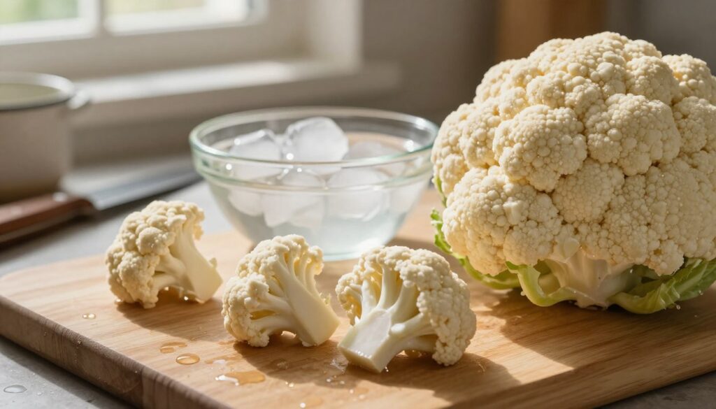 A close-up shot of a fresh cauliflower head, appearing crisp and vibrant, placed on a wooden cutting board. The foreground features droplets of water, emphasizing freshness, while a few separated florets are casually arranged around it to show potential preparation for freezing. In the middle area, a bowl filled with ice and chilled water subtly hints at the freezing process without overtly showcasing it. The background softly blurs kitchen tools like a knife and a small pot, suggesting a cozy kitchen atmosphere. The lighting is warm and natural, streaming in from a nearby window, creating inviting shadows that highlight the texture of the cauliflower. The overall mood is refreshing and homely, illustrating the concept of freezing cauliflower without prior preparation. A close-up shot of a fresh cauliflower head, appearing crisp and vibrant, placed on a wooden cutting board. The foreground features droplets of water, emphasizing freshness, while a few separated florets are casually arranged around it to show potential preparation for freezing. In the middle area, a bowl filled with ice and chilled water subtly hints at the freezing process without overtly showcasing it. The background softly blurs kitchen tools like a knife and a small pot, suggesting a cozy kitchen atmosphere. The lighting is warm and natural, streaming in from a nearby window, creating inviting shadows that highlight the texture of the cauliflower. The overall mood is refreshing and homely, illustrating the concept of freezing cauliflower without prior preparation.