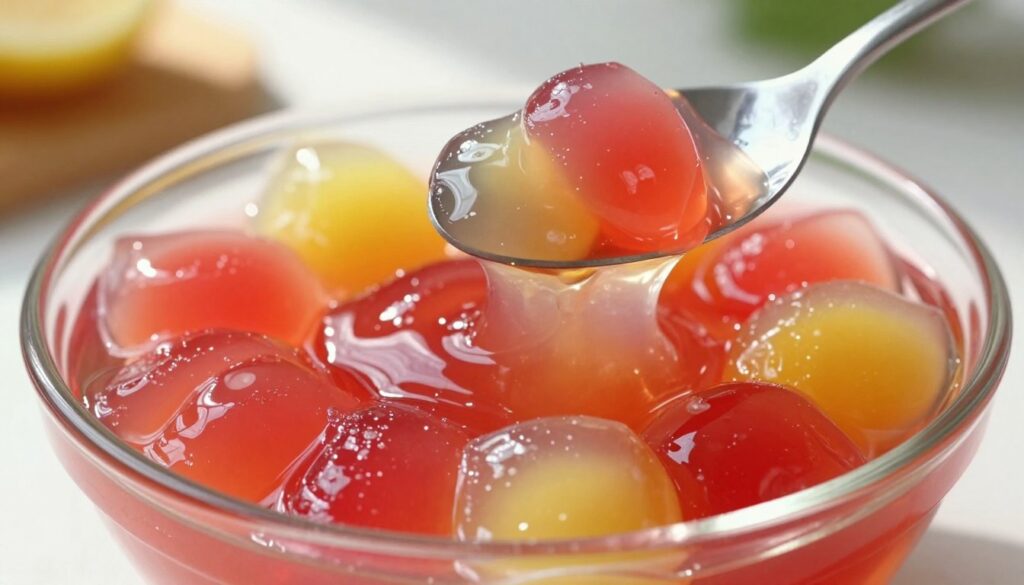 A close-up shot of a shimmering bowl of jelly to illustrate its unique consistency. The jelly appears slightly jiggly and translucent, showcasing its vibrant colors—ranging from deep ruby reds to soft tropical yellows. In the foreground, a portion of the jelly is wobbling gently as a spoon is poised above it, ready to scoop, emphasizing its textural qualities. The background features a softly blurred kitchen setting, with natural sunlight streaming in, creating a warm and inviting atmosphere. The lighting is bright, highlighting the glossy surface of the jelly and casting soft reflections. The overall mood is playful yet informative, enhancing the visual appeal and demonstrating the fascinating consistency of jelly, perfect for an article section discussing its properties post-freezing. A close-up shot of a shimmering bowl of jelly to illustrate its unique consistency. The jelly appears slightly jiggly and translucent, showcasing its vibrant colors—ranging from deep ruby reds to soft tropical yellows. In the foreground, a portion of the jelly is wobbling gently as a spoon is poised above it, ready to scoop, emphasizing its textural qualities. The background features a softly blurred kitchen setting, with natural sunlight streaming in, creating a warm and inviting atmosphere. The lighting is bright, highlighting the glossy surface of the jelly and casting soft reflections. The overall mood is playful yet informative, enhancing the visual appeal and demonstrating the fascinating consistency of jelly, perfect for an article section discussing its properties post-freezing.