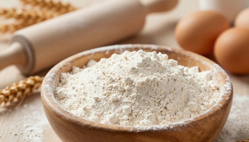 A close-up shot of fine wheat flour, mąki pszennej, poured gently into a rustic wooden bowl on a cozy kitchen countertop. The flour appears soft and powdery, capturing the light in a way that highlights its texture. In the background, out-of-focus elements include a rolling pin, fresh eggs, and a few sprigs of wheat, creating a warm, inviting atmosphere. Soft, natural lighting illuminates the scene, suggesting a sunlit morning. The angle is slightly overhead, allowing for an engaging view of the flour and kitchen tools, emphasizing the homely charm of baking. The setting conveys warmth, comfort, and the essence of home baking, perfect for showcasing essential baking ingredients. A close-up shot of fine wheat flour, mąki pszennej, poured gently into a rustic wooden bowl on a cozy kitchen countertop. The flour appears soft and powdery, capturing the light in a way that highlights its texture. In the background, out-of-focus elements include a rolling pin, fresh eggs, and a few sprigs of wheat, creating a warm, inviting atmosphere. Soft, natural lighting illuminates the scene, suggesting a sunlit morning. The angle is slightly overhead, allowing for an engaging view of the flour and kitchen tools, emphasizing the homely charm of baking. The setting conveys warmth, comfort, and the essence of home baking, perfect for showcasing essential baking ingredients.