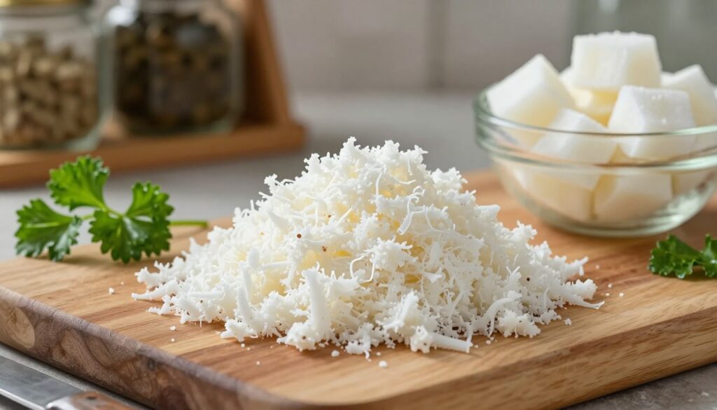 A close-up shot of freshly grated horseradish on a wooden cutting board, showcasing its white, fibrous texture glistening under soft, natural light. In the background, a rustic kitchen setting with blurred shelves of spices and jars to create a cozy atmosphere. A small bowl of frozen horseradish cubes sits to the side, emphasizing the freezing process. The foreground includes a sharp knife and a vibrant green parsley garnish to add color and freshness. The image should evoke a sense of home cooking and preservation techniques, with a warm and inviting feel, shot from a slightly high angle to capture all details clearly. A close-up shot of freshly grated horseradish on a wooden cutting board, showcasing its white, fibrous texture glistening under soft, natural light. In the background, a rustic kitchen setting with blurred shelves of spices and jars to create a cozy atmosphere. A small bowl of frozen horseradish cubes sits to the side, emphasizing the freezing process. The foreground includes a sharp knife and a vibrant green parsley garnish to add color and freshness. The image should evoke a sense of home cooking and preservation techniques, with a warm and inviting feel, shot from a slightly high angle to capture all details clearly.