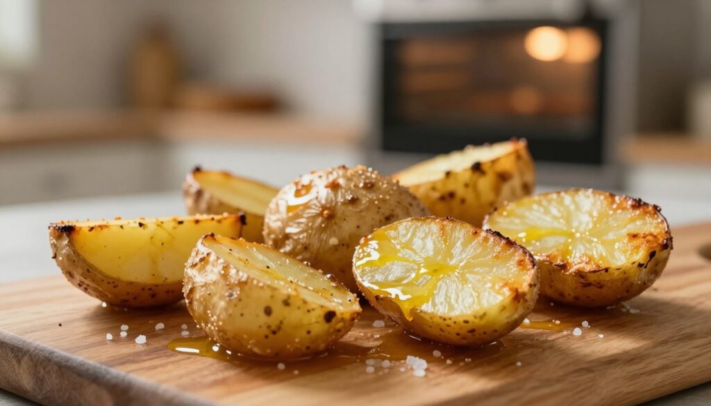A close-up shot of perfectly roasted potatoes with a golden, crispy skin, showcasing their ideal texture. The foreground features a rustic wooden cutting board, with several potato wedges arranged artfully, glistening with a light brushing of olive oil and a sprinkle of sea salt. In the middle ground, a faint background of a cozy kitchen setting, with soft, warm lighting illuminating the scene, evokes a sense of comfort. A blurred oven is visible, with an inviting glow hinting at a warm interior. The atmosphere is appetizing and homely, emphasizing the appeal of crispy skin. Use natural lighting to highlight the textures, while capturing a shot from a slightly elevated angle for optimal detail. Ensure the image conveys a delicious, crave-worthy experience without any distractions. A close-up shot of perfectly roasted potatoes with a golden, crispy skin, showcasing their ideal texture. The foreground features a rustic wooden cutting board, with several potato wedges arranged artfully, glistening with a light brushing of olive oil and a sprinkle of sea salt. In the middle ground, a faint background of a cozy kitchen setting, with soft, warm lighting illuminating the scene, evokes a sense of comfort. A blurred oven is visible, with an inviting glow hinting at a warm interior. The atmosphere is appetizing and homely, emphasizing the appeal of crispy skin. Use natural lighting to highlight the textures, while capturing a shot from a slightly elevated angle for optimal detail. Ensure the image conveys a delicious, crave-worthy experience without any distractions.