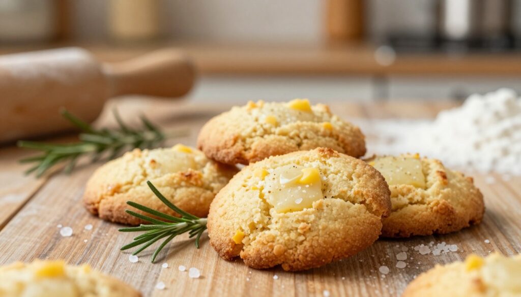 A close-up, vibrant image of freshly baked "kruche ciasteczka," delicately arranged on a rustic wooden table. The cookies should be golden-brown with a slightly crumbly texture, showcasing their inviting buttery surface. Sprigs of aromatic herbs like rosemary and a scattering of coarse sea salt add visual interest. In the background, a soft-focus kitchen setting with warm, ambient lighting highlights baking utensils and flour-dusted countertops, creating a homely atmosphere. The scene is captured with a warm color palette, emphasizing inviting tones of beige and golden yellow. A shallow depth of field focuses on the cookies, making them the star of the image while softly blurring the background. This composition evokes a sense of warmth and comfort, perfect for illustrating the art of baking ideal cookies. A close-up, vibrant image of freshly baked "kruche ciasteczka," delicately arranged on a rustic wooden table. The cookies should be golden-brown with a slightly crumbly texture, showcasing their inviting buttery surface. Sprigs of aromatic herbs like rosemary and a scattering of coarse sea salt add visual interest. In the background, a soft-focus kitchen setting with warm, ambient lighting highlights baking utensils and flour-dusted countertops, creating a homely atmosphere. The scene is captured with a warm color palette, emphasizing inviting tones of beige and golden yellow. A shallow depth of field focuses on the cookies, making them the star of the image while softly blurring the background. This composition evokes a sense of warmth and comfort, perfect for illustrating the art of baking ideal cookies.