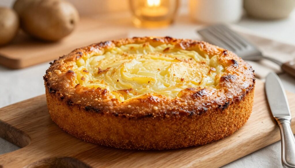 A close-up view of a beautifully baked potato cake, showcasing its golden, crispy top with a slight sheen, indicating it is perfectly cooked yet soft in the center. The cake is placed on a rustic wooden board, surrounded by small kitchen utensils like a fork and a knife, and a spatula ready for serving. In the background, warm kitchen lighting casts a soft glow, enhancing the inviting atmosphere of the kitchen scene. The focus is on the cake itself, with a shallow depth of field blurring the edges slightly to draw attention to the texture and color. A gentle, homey feel permeates the image, inviting viewers to appreciate the art of baking. A close-up view of a beautifully baked potato cake, showcasing its golden, crispy top with a slight sheen, indicating it is perfectly cooked yet soft in the center. The cake is placed on a rustic wooden board, surrounded by small kitchen utensils like a fork and a knife, and a spatula ready for serving. In the background, warm kitchen lighting casts a soft glow, enhancing the inviting atmosphere of the kitchen scene. The focus is on the cake itself, with a shallow depth of field blurring the edges slightly to draw attention to the texture and color. A gentle, homey feel permeates the image, inviting viewers to appreciate the art of baking.