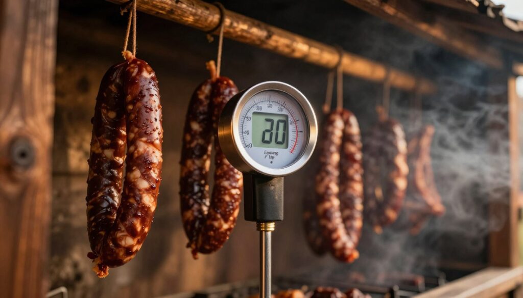A close-up view of a digital meat thermometer, prominently displayed inside a rustic smokehouse. The thermometer, with a clear LCD screen, shows a precise temperature reading and is surrounded by hanging meats like sausages and brisket, exhibiting a smoky brown color. The smokehouse interior features wooden beams and a smoky atmosphere, illuminated by warm, golden lighting that creates a cozy yet professional feel. Subtle wisps of smoke rise in the background, enhancing the ambiance of the smoking process. The angle should focus on the thermometer in the foreground, emphasizing its importance in ensuring safe and optimal meat temperatures during smoking. The overall mood conveys a sense of dedication to quality and craftsmanship in home curing. A close-up view of a digital meat thermometer, prominently displayed inside a rustic smokehouse. The thermometer, with a clear LCD screen, shows a precise temperature reading and is surrounded by hanging meats like sausages and brisket, exhibiting a smoky brown color. The smokehouse interior features wooden beams and a smoky atmosphere, illuminated by warm, golden lighting that creates a cozy yet professional feel. Subtle wisps of smoke rise in the background, enhancing the ambiance of the smoking process. The angle should focus on the thermometer in the foreground, emphasizing its importance in ensuring safe and optimal meat temperatures during smoking. The overall mood conveys a sense of dedication to quality and craftsmanship in home curing.