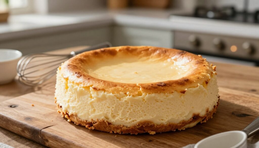 A close-up view of a freshly baked cheesecake sitting elegantly on a rustic wooden table. The cheesecake features a creamy, smooth texture with a golden-brown top, slightly cracked, indicating perfect baking. Surrounding it are kitchen utensils like a whisk and measuring cups, hinting at the baking process. In the background, there are soft, blurred out kitchen elements such as a marble countertop and a warm oven, creating a cozy, inviting atmosphere. The lighting is soft and warm, mimicking natural light from a nearby window, casting gentle shadows that highlight the cheesecake’s rich texture. The angle is slightly tilted, focusing on the cake while giving a glimpse of the kitchen setup, evoking a sense of homely baking joy. A close-up view of a freshly baked cheesecake sitting elegantly on a rustic wooden table. The cheesecake features a creamy, smooth texture with a golden-brown top, slightly cracked, indicating perfect baking. Surrounding it are kitchen utensils like a whisk and measuring cups, hinting at the baking process. In the background, there are soft, blurred out kitchen elements such as a marble countertop and a warm oven, creating a cozy, inviting atmosphere. The lighting is soft and warm, mimicking natural light from a nearby window, casting gentle shadows that highlight the cheesecake’s rich texture. The angle is slightly tilted, focusing on the cake while giving a glimpse of the kitchen setup, evoking a sense of homely baking joy.