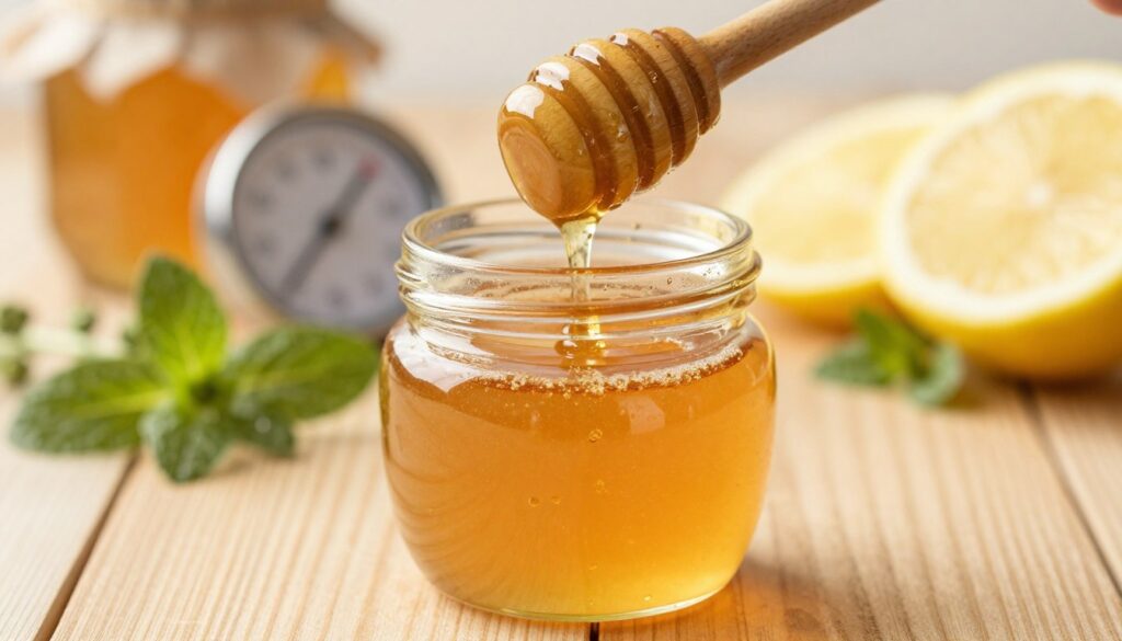 A close-up view of a honey jar sitting on a wooden table, with golden honey slowly dripping from a wooden dipper. In the foreground, the honey is illuminated by soft, warm light, highlighting its rich texture. The background features soft-focus images of herbs and lemon slices, suggesting natural ingredients that complement honey. A subtle temperature gauge is faintly visible next to the jar, emphasizing the theme of temperature impact on honey. The atmosphere is warm and inviting, evoking a sense of natural health and wellness. The image captures the essence of honey's delicate nature and the importance of temperature, with no text or overlays. A close-up view of a honey jar sitting on a wooden table, with golden honey slowly dripping from a wooden dipper. In the foreground, the honey is illuminated by soft, warm light, highlighting its rich texture. The background features soft-focus images of herbs and lemon slices, suggesting natural ingredients that complement honey. A subtle temperature gauge is faintly visible next to the jar, emphasizing the theme of temperature impact on honey. The atmosphere is warm and inviting, evoking a sense of natural health and wellness. The image captures the essence of honey's delicate nature and the importance of temperature, with no text or overlays.