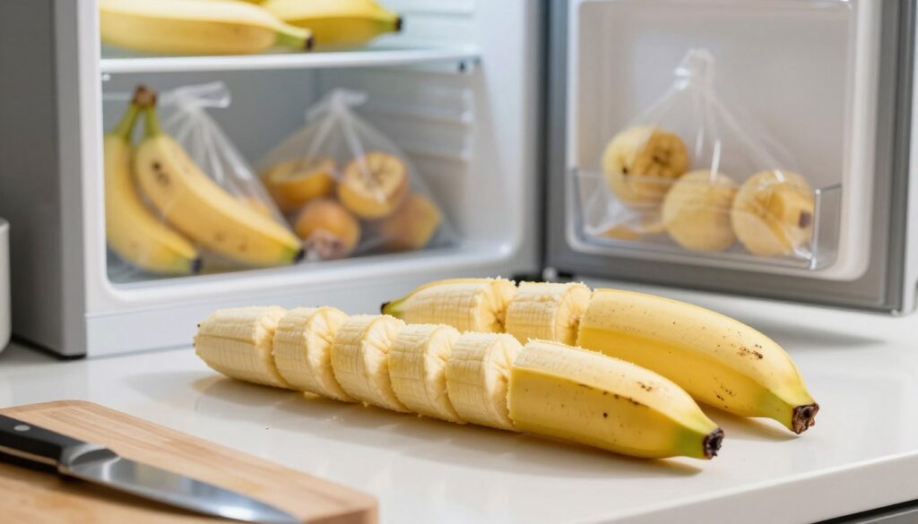 A close-up view of a kitchen countertop showcasing peeled bananas arranged in a neat row, ready for freezing. The bananas, golden-yellow and slightly speckled, have been sliced into even pieces. In the background, a well-organized freezer with transparent shelves can be seen, displaying several bags of frozen fruits. Soft, natural light from a nearby window illuminates the scene, casting gentle shadows and highlighting the texture of the bananas. The atmosphere is clean and modern, evoking a sense of freshness and preparation. A cutting board and a sharp knife are subtly included in the foreground, enhancing the theme of food preparation. The focus is sharp on the bananas while the background remains slightly blurred, emphasizing the main subject of freezing bananas. A close-up view of a kitchen countertop showcasing peeled bananas arranged in a neat row, ready for freezing. The bananas, golden-yellow and slightly speckled, have been sliced into even pieces. In the background, a well-organized freezer with transparent shelves can be seen, displaying several bags of frozen fruits. Soft, natural light from a nearby window illuminates the scene, casting gentle shadows and highlighting the texture of the bananas. The atmosphere is clean and modern, evoking a sense of freshness and preparation. A cutting board and a sharp knife are subtly included in the foreground, enhancing the theme of food preparation. The focus is sharp on the bananas while the background remains slightly blurred, emphasizing the main subject of freezing bananas.