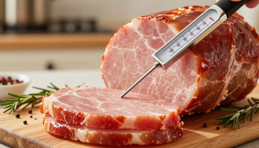 A close-up view of a meat thermometer inserted into a perfectly cooked ham, showcasing the needle pointing towards the optimal internal temperature. In the foreground, the vibrant colors of the ham glisten under soft, warm light, highlighting its juicy texture. The thermometer is sleek and silver, displaying precise measurement markings that reflect the care taken in cooking. In the middle ground, a wooden cutting board partially displays the ham, with herbs and spices scattered around, enhancing the visual appeal. The background is softly blurred, featuring a cozy kitchen setting with subtle hints of cooking utensils, giving an inviting and homely atmosphere. The overall mood is warm, inviting, and focused on culinary precision and quality. A close-up view of a meat thermometer inserted into a perfectly cooked ham, showcasing the needle pointing towards the optimal internal temperature. In the foreground, the vibrant colors of the ham glisten under soft, warm light, highlighting its juicy texture. The thermometer is sleek and silver, displaying precise measurement markings that reflect the care taken in cooking. In the middle ground, a wooden cutting board partially displays the ham, with herbs and spices scattered around, enhancing the visual appeal. The background is softly blurred, featuring a cozy kitchen setting with subtle hints of cooking utensils, giving an inviting and homely atmosphere. The overall mood is warm, inviting, and focused on culinary precision and quality.