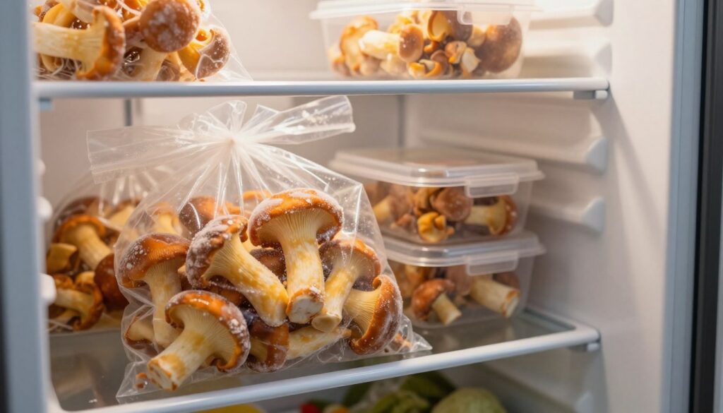 A close-up view of a neatly organized freezer compartment filled with various packs of frozen rydze mushrooms, showcasing their vibrant orange and yellow hues. The foreground features a clear plastic bag with visible, well-preserved mushrooms, slightly frosted. In the middle, the freezer door is partially open, revealing ice crystals that glimmer in soft lighting. The background highlights neatly stacked containers and a faint glimpse of the kitchen setting, suggesting a homey atmosphere. Warm, natural light filters in from the side, creating a serene and inviting scene. The focus is sharp on the mushrooms, emphasizing their texture, while the background gently blurs to enhance depth. The mood conveys freshness and the idea of proper food storage, fitting for the theme of preserving seasonal ingredients. A close-up view of a neatly organized freezer compartment filled with various packs of frozen rydze mushrooms, showcasing their vibrant orange and yellow hues. The foreground features a clear plastic bag with visible, well-preserved mushrooms, slightly frosted. In the middle, the freezer door is partially open, revealing ice crystals that glimmer in soft lighting. The background highlights neatly stacked containers and a faint glimpse of the kitchen setting, suggesting a homey atmosphere. Warm, natural light filters in from the side, creating a serene and inviting scene. The focus is sharp on the mushrooms, emphasizing their texture, while the background gently blurs to enhance depth. The mood conveys freshness and the idea of proper food storage, fitting for the theme of preserving seasonal ingredients.