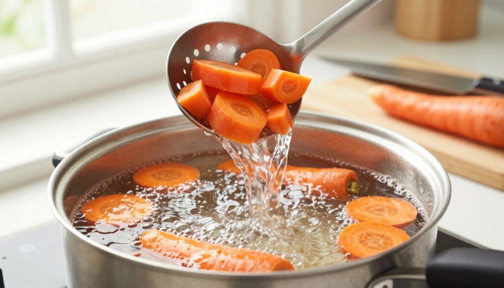 A close-up view of a pot of boiling water on a stove, with peeled and chopped orange carrots being gently lowered into the water using a slotted spoon. In the foreground, the vibrant orange of the carrots contrasts with the shimmering bubbles of the boiling water. The kitchen is bright and airy, with soft natural light filtering through a window, creating a warm atmosphere. In the background, a wooden cutting board and a chef's knife are visible, along with a few fresh, unpeeled carrots to the side. The scene conveys a sense of freshness and culinary preparation, evoking the importance of blanching vegetables for quality. The camera angle captures the dynamic action of the blanching process with a shallow depth of field, emphasizing the carrots. A close-up view of a pot of boiling water on a stove, with peeled and chopped orange carrots being gently lowered into the water using a slotted spoon. In the foreground, the vibrant orange of the carrots contrasts with the shimmering bubbles of the boiling water. The kitchen is bright and airy, with soft natural light filtering through a window, creating a warm atmosphere. In the background, a wooden cutting board and a chef's knife are visible, along with a few fresh, unpeeled carrots to the side. The scene conveys a sense of freshness and culinary preparation, evoking the importance of blanching vegetables for quality. The camera angle captures the dynamic action of the blanching process with a shallow depth of field, emphasizing the carrots.