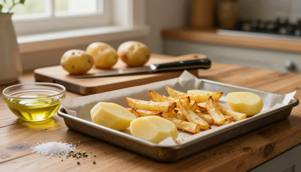 A close-up view of a rustic wooden kitchen countertop showcasing the step-by-step preparation of potatoes for baking. In the foreground, there are freshly washed and peeled potatoes, some cut into fries and placed on a parchment-lined baking sheet. On the side, a small bowl of olive oil and a sprinkle of salt and herbs ready for seasoning. In the middle ground, a chopping board holds a few whole potatoes beside a sharp knife, with a soft-focus kitchen background featuring warm, inviting lighting from a window. The atmosphere is cozy and homely, evoking a sense of warmth and delicious anticipation, perfect for illustrating the process of preparing crispy baked fries. A close-up view of a rustic wooden kitchen countertop showcasing the step-by-step preparation of potatoes for baking. In the foreground, there are freshly washed and peeled potatoes, some cut into fries and placed on a parchment-lined baking sheet. On the side, a small bowl of olive oil and a sprinkle of salt and herbs ready for seasoning. In the middle ground, a chopping board holds a few whole potatoes beside a sharp knife, with a soft-focus kitchen background featuring warm, inviting lighting from a window. The atmosphere is cozy and homely, evoking a sense of warmth and delicious anticipation, perfect for illustrating the process of preparing crispy baked fries.