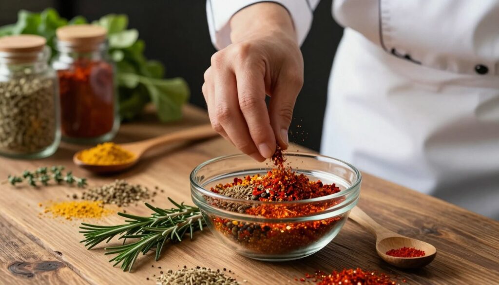 A close-up view of a rustic wooden table featuring an array of colorful spices and herbs being blended together to create a flavorful marinade. In the foreground, a glass bowl filled with a rich, aromatic blend of spices, including vibrant paprika, earthy cumin, and fresh herbs like rosemary and thyme. A small wooden spoon rests next to the bowl, suggesting a hands-on approach to cooking. The middle layer showcases a chef's hands in professional attire carefully mixing the spices, with soft, warm lighting illuminating the scene. In the background, blurred out, are jars of spices and fresh greens that add to the culinary atmosphere, creating a harmonious blend of colors and textures that evoke a sense of warmth and flavorful anticipation. A close-up view of a rustic wooden table featuring an array of colorful spices and herbs being blended together to create a flavorful marinade. In the foreground, a glass bowl filled with a rich, aromatic blend of spices, including vibrant paprika, earthy cumin, and fresh herbs like rosemary and thyme. A small wooden spoon rests next to the bowl, suggesting a hands-on approach to cooking. The middle layer showcases a chef's hands in professional attire carefully mixing the spices, with soft, warm lighting illuminating the scene. In the background, blurred out, are jars of spices and fresh greens that add to the culinary atmosphere, creating a harmonious blend of colors and textures that evoke a sense of warmth and flavorful anticipation.