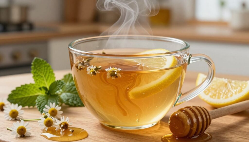 A close-up view of a steaming cup of herbal tea infused with honey, set on a wooden table. The honey is gently swirling in the warm liquid, creating captivating patterns. In the foreground, a honey dipper rests beside the cup, glistening with droplets of honey. The middle layer features fresh herbs, like mint and chamomile, and a slice of lemon, adding vibrant color and freshness to the scene. The background softly blurs into a cozy kitchen setting, with warm, soft lighting emanating from a window, casting gentle shadows. The atmosphere is inviting and serene, evoking the warmth and natural beauty of herbal teas combined with the healing properties of honey. A close-up view of a steaming cup of herbal tea infused with honey, set on a wooden table. The honey is gently swirling in the warm liquid, creating captivating patterns. In the foreground, a honey dipper rests beside the cup, glistening with droplets of honey. The middle layer features fresh herbs, like mint and chamomile, and a slice of lemon, adding vibrant color and freshness to the scene. The background softly blurs into a cozy kitchen setting, with warm, soft lighting emanating from a window, casting gentle shadows. The atmosphere is inviting and serene, evoking the warmth and natural beauty of herbal teas combined with the healing properties of honey.