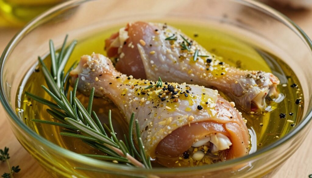 A close-up view of a vibrant and aromatic marinade, showcasing a mixing bowl filled with a rich blend of olive oil, garlic, herbs, and spices. The marinade glistens under warm, natural lighting, highlighting its texture and depth of color. In the foreground, sprigs of fresh rosemary and thyme are scattered, adding a touch of greenery. In the middle ground, a pair of seasoned chicken drumsticks are marinating in the bowl, absorbing the flavors. The background features a wooden kitchen countertop, blurred slightly to emphasize the marinade. The overall mood is inviting and warm, evoking a sense of home-cooked comfort and culinary creativity. A close-up view of a vibrant and aromatic marinade, showcasing a mixing bowl filled with a rich blend of olive oil, garlic, herbs, and spices. The marinade glistens under warm, natural lighting, highlighting its texture and depth of color. In the foreground, sprigs of fresh rosemary and thyme are scattered, adding a touch of greenery. In the middle ground, a pair of seasoned chicken drumsticks are marinating in the bowl, absorbing the flavors. The background features a wooden kitchen countertop, blurred slightly to emphasize the marinade. The overall mood is inviting and warm, evoking a sense of home-cooked comfort and culinary creativity.
