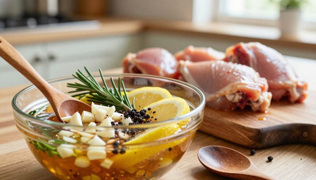 A close-up view of a vibrant, colorful marinade in a glass bowl, showcasing various ingredients such as chopped garlic, sprigs of rosemary, slices of lemon, and crushed black peppercorns. The foreground includes a wooden spoon resting beside the bowl, emphasizing the process of preparing the marinade. In the middle ground, a selection of marinated meats, like chicken and pork, rests on a rustic wooden cutting board, glistening with the marinade. The background softly blurs out, featuring a warm kitchen environment with soft, natural lighting pouring in from a window, creating an inviting and homey atmosphere. The overall mood is one of culinary artistry and preparation, focusing on the role of marinades in enhancing flavor and tenderness in meat. A close-up view of a vibrant, colorful marinade in a glass bowl, showcasing various ingredients such as chopped garlic, sprigs of rosemary, slices of lemon, and crushed black peppercorns. The foreground includes a wooden spoon resting beside the bowl, emphasizing the process of preparing the marinade. In the middle ground, a selection of marinated meats, like chicken and pork, rests on a rustic wooden cutting board, glistening with the marinade. The background softly blurs out, featuring a warm kitchen environment with soft, natural lighting pouring in from a window, creating an inviting and homey atmosphere. The overall mood is one of culinary artistry and preparation, focusing on the role of marinades in enhancing flavor and tenderness in meat.