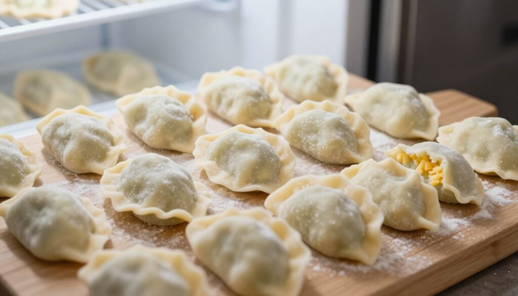 A close-up view of a wooden board covered with freshly prepared raw pierogi ready for freezing, showcasing their delicate, doughy texture. The pierogi, filled with traditional ingredients like potatoes and cheese, should be arranged in neat rows, with some slightly overlapping to show volume. In the background, a frosty freezer is partially visible, emphasizing the concept of freezing. Soft, natural lighting illuminates the scene, casting gentle shadows to highlight the contours of the dumplings. The mood is warm and inviting, evoking a sense of homemade comfort. The image should maintain a crisp focus on the pierogi, while the freezer in the background adds context without distracting from the main subject. A close-up view of a wooden board covered with freshly prepared raw pierogi ready for freezing, showcasing their delicate, doughy texture. The pierogi, filled with traditional ingredients like potatoes and cheese, should be arranged in neat rows, with some slightly overlapping to show volume. In the background, a frosty freezer is partially visible, emphasizing the concept of freezing. Soft, natural lighting illuminates the scene, casting gentle shadows to highlight the contours of the dumplings. The mood is warm and inviting, evoking a sense of homemade comfort. The image should maintain a crisp focus on the pierogi, while the freezer in the background adds context without distracting from the main subject.