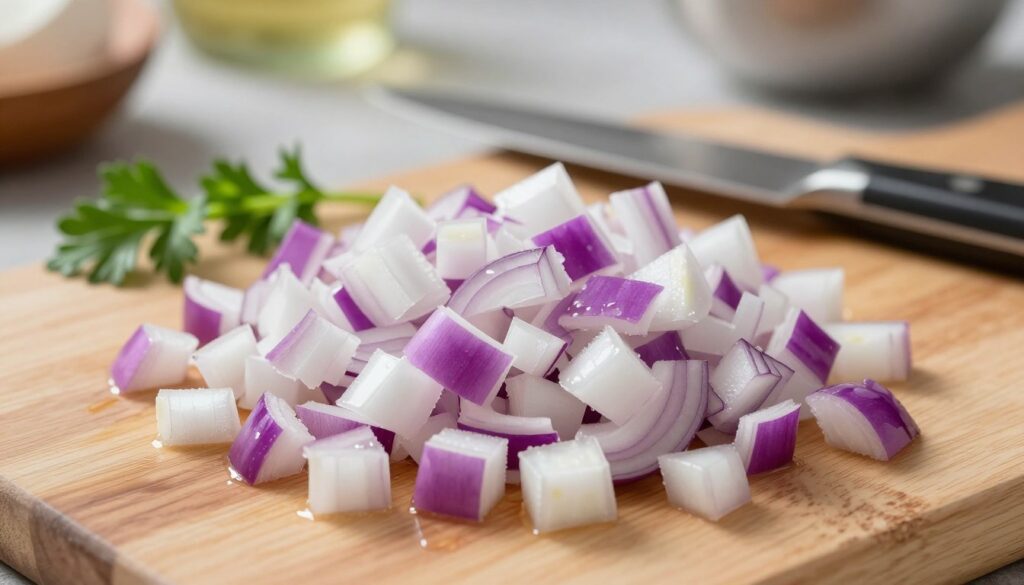 A close-up view of finely diced raw onion pieces on a clean, wooden cutting board. The foreground features the vibrant white and purple layers of the onion, glistening with fresh moisture under soft, natural lighting. In the middle ground, scattered garnishes like fresh herbs and a sharp kitchen knife suggest preparation for cooking. The background is softly blurred, hinting at a well-organized kitchen environment with elements like a countertop and bowls subtly in focus. The overall atmosphere conveys a sense of freshness and culinary readiness, inviting the viewer to consider the preparation process of freezing chopped onions. Shot with a macro lens, the image captures intricate textures and colors, highlighting the freshness of the ingredients. A close-up view of finely diced raw onion pieces on a clean, wooden cutting board. The foreground features the vibrant white and purple layers of the onion, glistening with fresh moisture under soft, natural lighting. In the middle ground, scattered garnishes like fresh herbs and a sharp kitchen knife suggest preparation for cooking. The background is softly blurred, hinting at a well-organized kitchen environment with elements like a countertop and bowls subtly in focus. The overall atmosphere conveys a sense of freshness and culinary readiness, inviting the viewer to consider the preparation process of freezing chopped onions. Shot with a macro lens, the image captures intricate textures and colors, highlighting the freshness of the ingredients.