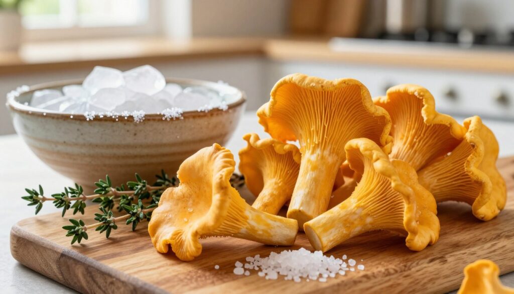 A close-up view of fresh chanterelle mushrooms (kurki) placed on an elegant wooden board, showcasing their vibrant golden-yellow color and unique, wavy shapes. In the foreground, sprigs of fresh thyme and coarse sea salt complement the mushrooms, enhancing their natural beauty. In the middle ground, a rustic ceramic bowl contains ice, symbolizing the freezing process, while delicate frost crystals form around the edges. The background features a soft-focus kitchen setting with warm, natural light streaming through a window, creating a cozy and inviting atmosphere. The shot is taken from a slightly elevated angle to capture the textures and colors vividly. The overall mood conveys freshness and the preservation of flavor. A close-up view of fresh chanterelle mushrooms (kurki) placed on an elegant wooden board, showcasing their vibrant golden-yellow color and unique, wavy shapes. In the foreground, sprigs of fresh thyme and coarse sea salt complement the mushrooms, enhancing their natural beauty. In the middle ground, a rustic ceramic bowl contains ice, symbolizing the freezing process, while delicate frost crystals form around the edges. The background features a soft-focus kitchen setting with warm, natural light streaming through a window, creating a cozy and inviting atmosphere. The shot is taken from a slightly elevated angle to capture the textures and colors vividly. The overall mood conveys freshness and the preservation of flavor.