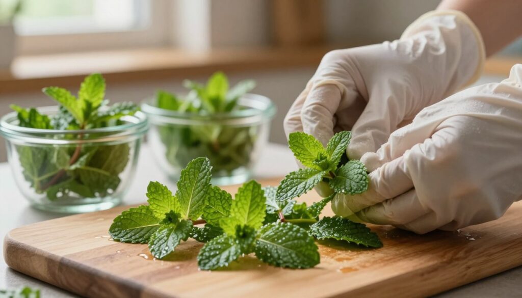 A close-up view of fresh mint leaves being prepared for freezing. In the foreground, vibrant green mint leaves are delicately arranged on a wooden cutting board, glistening with moisture. A pair of hands wearing light kitchen gloves gently pick and clean the leaves, showcasing their freshness. In the middle ground, there are small glass containers ready to hold the leaves, emphasizing the storage method. The background features a softly blurred kitchen with warm, natural lighting filtering through a window, creating a cozy atmosphere. The image should evoke a sense of freshness and preparation, ideal for showcasing the art of preserving mint for future use. The angle is slightly tilted to add depth and interest. A close-up view of fresh mint leaves being prepared for freezing. In the foreground, vibrant green mint leaves are delicately arranged on a wooden cutting board, glistening with moisture. A pair of hands wearing light kitchen gloves gently pick and clean the leaves, showcasing their freshness. In the middle ground, there are small glass containers ready to hold the leaves, emphasizing the storage method. The background features a softly blurred kitchen with warm, natural lighting filtering through a window, creating a cozy atmosphere. The image should evoke a sense of freshness and preparation, ideal for showcasing the art of preserving mint for future use. The angle is slightly tilted to add depth and interest.
