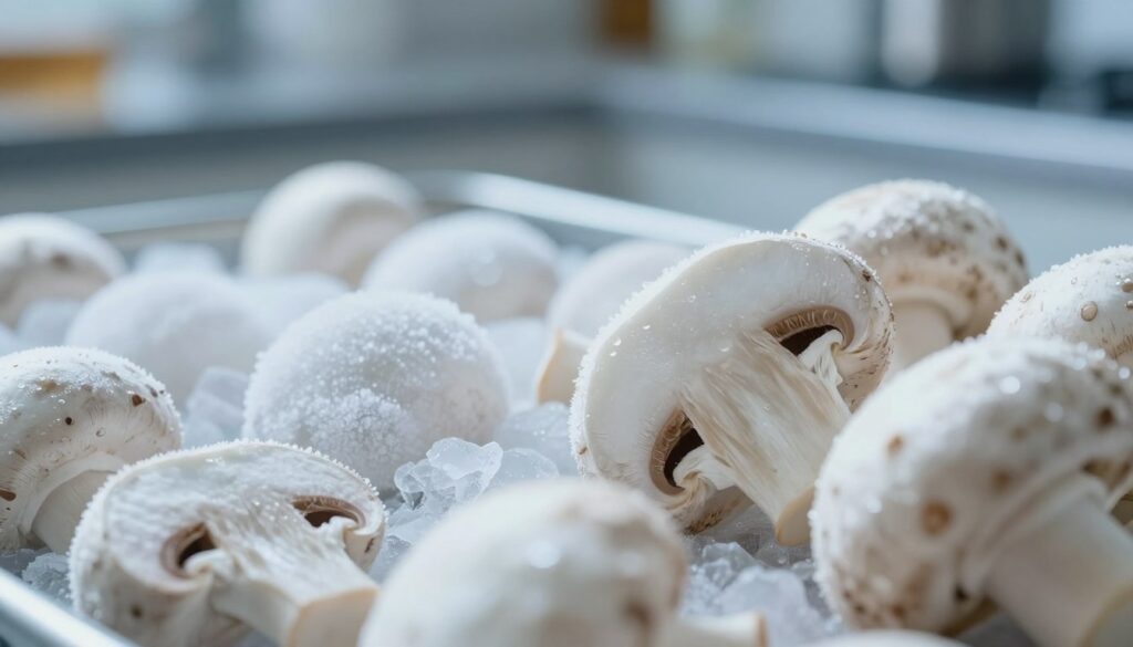 A close-up view of fresh mushrooms subjected to low temperatures, highlighting the effects on their texture and color. In the foreground, showcase several ripe, white button mushrooms, glistening with frost, partially cut to reveal their delicate inner structure. In the middle ground, depict a subtle transition to frozen storage conditions, with a frosty surface and soft ice crystals forming around the mushrooms, illustrating their exposure to cold. The background is a softly blurred kitchen environment, emphasizing an atmosphere of culinary experimentation with cool blue and white light reflecting the chilly temperature. The composition should evoke a sense of freshness and concern about the nutritional quality, with a clean, professional look. A close-up view of fresh mushrooms subjected to low temperatures, highlighting the effects on their texture and color. In the foreground, showcase several ripe, white button mushrooms, glistening with frost, partially cut to reveal their delicate inner structure. In the middle ground, depict a subtle transition to frozen storage conditions, with a frosty surface and soft ice crystals forming around the mushrooms, illustrating their exposure to cold. The background is a softly blurred kitchen environment, emphasizing an atmosphere of culinary experimentation with cool blue and white light reflecting the chilly temperature. The composition should evoke a sense of freshness and concern about the nutritional quality, with a clean, professional look.