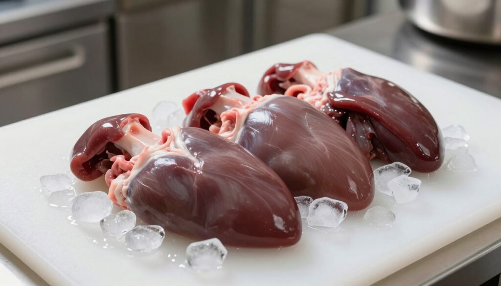 A close-up view of fresh pork lungs placed on a clean, white cutting board, showcasing their texture and color. The lungs should be surrounded by ice, emphasizing the concept of freezing for preservation. In the background, a well-lit kitchen setting with stainless steel appliances, highlighting a hygienic atmosphere. Soft, diffused lighting creates a clinical yet inviting mood, enhancing the freshness of the meat. The image should be shot from a slightly elevated angle to capture both the lungs and the ice clearly, focusing on the intricate details of the meat's surface. The overall composition evokes a sense of care and attention to proper food storage and preparation practices. A close-up view of fresh pork lungs placed on a clean, white cutting board, showcasing their texture and color. The lungs should be surrounded by ice, emphasizing the concept of freezing for preservation. In the background, a well-lit kitchen setting with stainless steel appliances, highlighting a hygienic atmosphere. Soft, diffused lighting creates a clinical yet inviting mood, enhancing the freshness of the meat. The image should be shot from a slightly elevated angle to capture both the lungs and the ice clearly, focusing on the intricate details of the meat's surface. The overall composition evokes a sense of care and attention to proper food storage and preparation practices.