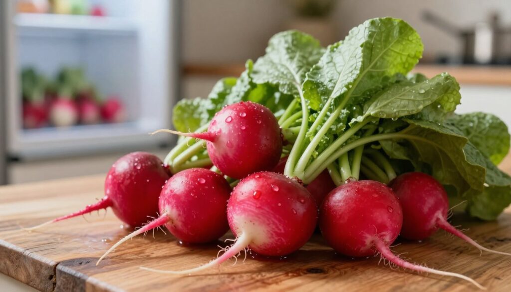 A close-up view of fresh, vibrant radishes (rzodkiewki) on a rustic wooden table, showcasing their rich red skins and lush green tops. The radishes are glistening with water droplets, capturing the idea of freshness. In the background, a blurred kitchen environment hints at alternative preservation methods, like an open refrigerator with frost glinting subtly, signifying the freezing process. Soft, natural light filters through a nearby window, illuminating the scene with a warm glow. The angle is slightly elevated, focusing on the radishes while allowing the background to softly fade, creating an inviting and fresh atmosphere that highlights the importance of preserving the crispness of radishes. Overall, the image evokes a sense of vitality and culinary creativity. A close-up view of fresh, vibrant radishes (rzodkiewki) on a rustic wooden table, showcasing their rich red skins and lush green tops. The radishes are glistening with water droplets, capturing the idea of freshness. In the background, a blurred kitchen environment hints at alternative preservation methods, like an open refrigerator with frost glinting subtly, signifying the freezing process. Soft, natural light filters through a nearby window, illuminating the scene with a warm glow. The angle is slightly elevated, focusing on the radishes while allowing the background to softly fade, creating an inviting and fresh atmosphere that highlights the importance of preserving the crispness of radishes. Overall, the image evokes a sense of vitality and culinary creativity.