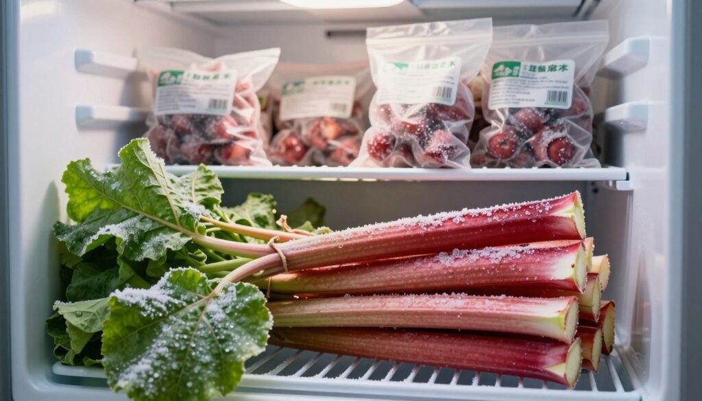 A close-up view of fresh, vibrant rhubarb stalks, intricately displayed in a frost-covered freezer setting. The foreground features crisp, green leaves attached to the ruby-red stalks, glistening with ice crystals. In the middle, a freezer door slightly ajar reveals an organized shelf filled with neatly packaged and labeled bags of frozen rhubarb, showcasing their condition. In the background, soft, diffused lighting enhances the chilly atmosphere, casting gentle shadows and highlighting the textures of the rhubarb and icy surroundings. The mood is serene and informative, evoking a sense of preservation and seasonal delight, aimed at illustrating the freezing process of rhubarb effectively. A close-up view of fresh, vibrant rhubarb stalks, intricately displayed in a frost-covered freezer setting. The foreground features crisp, green leaves attached to the ruby-red stalks, glistening with ice crystals. In the middle, a freezer door slightly ajar reveals an organized shelf filled with neatly packaged and labeled bags of frozen rhubarb, showcasing their condition. In the background, soft, diffused lighting enhances the chilly atmosphere, casting gentle shadows and highlighting the textures of the rhubarb and icy surroundings. The mood is serene and informative, evoking a sense of preservation and seasonal delight, aimed at illustrating the freezing process of rhubarb effectively.