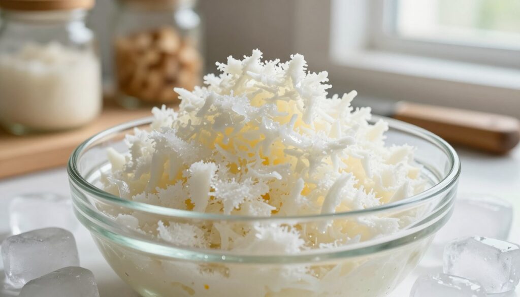 A close-up view of freshly grated horseradish placed in a glass bowl, surrounded by ice cubes to symbolize freezing. The horseradish has a vibrant white color and a textured surface, with fine shavings glistening in natural light. In the background, softly blurred kitchen elements like jars and a cutting board create a warm, homey atmosphere. The scene is illuminated by soft, diffused sunlight coming from a nearby window, enhancing the freshness of the horseradish. The focus is sharp on the grated horseradish while the background stays subtly blurred, emphasizing the subject. The mood is inviting and informative, suited for a culinary exploration of preserving flavors. A close-up view of freshly grated horseradish placed in a glass bowl, surrounded by ice cubes to symbolize freezing. The horseradish has a vibrant white color and a textured surface, with fine shavings glistening in natural light. In the background, softly blurred kitchen elements like jars and a cutting board create a warm, homey atmosphere. The scene is illuminated by soft, diffused sunlight coming from a nearby window, enhancing the freshness of the horseradish. The focus is sharp on the grated horseradish while the background stays subtly blurred, emphasizing the subject. The mood is inviting and informative, suited for a culinary exploration of preserving flavors.