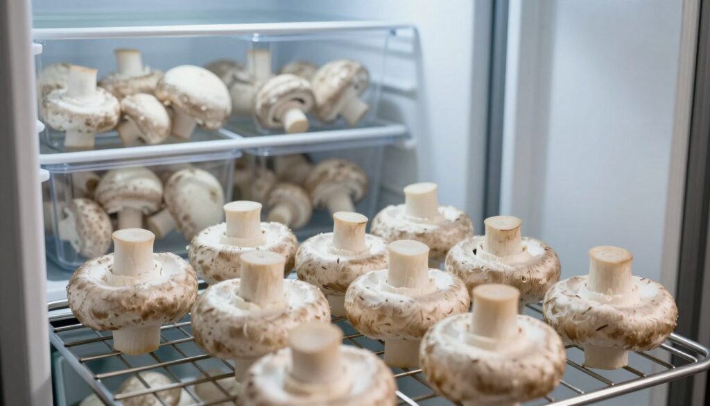 A close-up view of freshly harvested mushrooms, specifically raw champignon mushrooms, arranged neatly on a cooling rack, showcasing their natural color and texture. In the background, an open freezer door reveals a well-organized freezer compartment filled with transparent containers of mushrooms, emphasizing optimal freezing conditions. Soft, diffused lighting casts gentle shadows, enhancing the freshness of the mushrooms while creating a cool and crisp atmosphere. The focus is sharp on the mushrooms in the foreground, while the freezer remains slightly blurred to convey depth. The scene evokes a sense of cleanliness and efficiency, ideal for preserving taste and color in storage. A close-up view of freshly harvested mushrooms, specifically raw champignon mushrooms, arranged neatly on a cooling rack, showcasing their natural color and texture. In the background, an open freezer door reveals a well-organized freezer compartment filled with transparent containers of mushrooms, emphasizing optimal freezing conditions. Soft, diffused lighting casts gentle shadows, enhancing the freshness of the mushrooms while creating a cool and crisp atmosphere. The focus is sharp on the mushrooms in the foreground, while the freezer remains slightly blurred to convey depth. The scene evokes a sense of cleanliness and efficiency, ideal for preserving taste and color in storage.