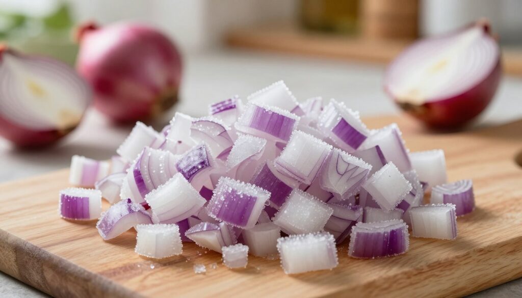 A close-up view of frozen diced onions, glistening with frost, is the focal point in the foreground, showcasing their translucent purple and white layers. The middle ground features a rustic wooden cutting board, enhancing the kitchen ambiance, with a few whole onions scattered casually around. In the background, a softly lit kitchen setting conveys warmth, with hints of cooking utensils and fresh ingredients blurred for depth. The lighting is bright yet soft, mimicking natural daylight, highlighting the intricate details of the ice crystals on the onions. The overall mood is inviting and culinary-focused, capturing the essence of freezing cooked and raw onions in a home kitchen environment. A close-up view of frozen diced onions, glistening with frost, is the focal point in the foreground, showcasing their translucent purple and white layers. The middle ground features a rustic wooden cutting board, enhancing the kitchen ambiance, with a few whole onions scattered casually around. In the background, a softly lit kitchen setting conveys warmth, with hints of cooking utensils and fresh ingredients blurred for depth. The lighting is bright yet soft, mimicking natural daylight, highlighting the intricate details of the ice crystals on the onions. The overall mood is inviting and culinary-focused, capturing the essence of freezing cooked and raw onions in a home kitchen environment.