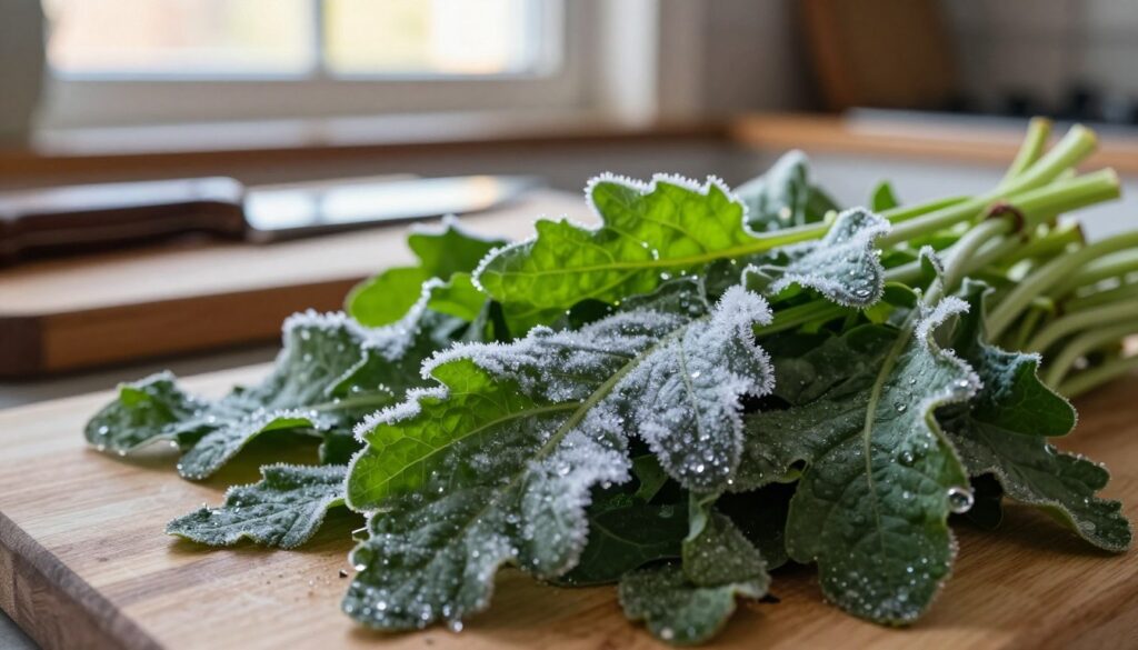 A close-up view of frozen sorrel leaves, showcasing their vibrant green color with icy frost on the edges. In the foreground, glistening ice crystals contrast sharply with the deep green of the leaves, catching the light in a way that highlights their texture. The middle ground features a wooden cutting board and a rustic kitchen knife, hinting at preparation for a flavorful soup. In the background, soft, natural light filters through a cozy kitchen window, casting a warm glow and creating a serene atmosphere. The overall mood should evoke the freshness of sorrel and the idea of preserving its unique sour flavor for winter soups, inviting viewers into the culinary world. A close-up view of frozen sorrel leaves, showcasing their vibrant green color with icy frost on the edges. In the foreground, glistening ice crystals contrast sharply with the deep green of the leaves, catching the light in a way that highlights their texture. The middle ground features a wooden cutting board and a rustic kitchen knife, hinting at preparation for a flavorful soup. In the background, soft, natural light filters through a cozy kitchen window, casting a warm glow and creating a serene atmosphere. The overall mood should evoke the freshness of sorrel and the idea of preserving its unique sour flavor for winter soups, inviting viewers into the culinary world.