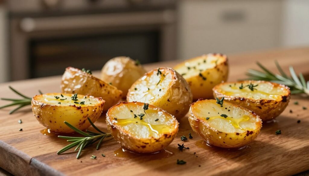A close-up view of golden, crispy roasted potatoes, freshly baked to perfection. The potatoes are arranged on a rustic wooden table, each one glistening with a light sheen of olive oil and sprinkled with fresh herbs like rosemary and thyme. The lighting is warm and inviting, casting gentle shadows that highlight the texture and golden color of the crispy skin. Soft focus on the background reveals a blurred image of an oven with the door slightly open, hinting at the baking process. The mood is cozy and homely, evoking a sense of comfort and culinary delight, perfect for an article on achieving ideal crunchiness in baked potatoes. A close-up view of golden, crispy roasted potatoes, freshly baked to perfection. The potatoes are arranged on a rustic wooden table, each one glistening with a light sheen of olive oil and sprinkled with fresh herbs like rosemary and thyme. The lighting is warm and inviting, casting gentle shadows that highlight the texture and golden color of the crispy skin. Soft focus on the background reveals a blurred image of an oven with the door slightly open, hinting at the baking process. The mood is cozy and homely, evoking a sense of comfort and culinary delight, perfect for an article on achieving ideal crunchiness in baked potatoes.