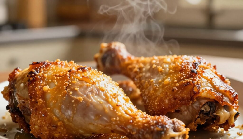 A close-up view of perfectly roasted chicken drumsticks, showcasing their crispy, golden-brown skin, glistening with a light glaze. The foreground focuses on the texture of the crunchy skin, highlighting the appealing cracks and crevices. In the background, a soft-focus kitchen setting with warm ambient lighting creates a cozy atmosphere, hinting at a cooking space. The angle is slightly tilted, emphasizing the juiciness of the meat beneath the skin, while steam rises gently to suggest freshness. The mood is inviting and appetizing, perfect for food enthusiasts. The image should evoke the idea of an ideal culinary technique to achieve that perfect crispy finish without any text or distractions. A close-up view of perfectly roasted chicken drumsticks, showcasing their crispy, golden-brown skin, glistening with a light glaze. The foreground focuses on the texture of the crunchy skin, highlighting the appealing cracks and crevices. In the background, a soft-focus kitchen setting with warm ambient lighting creates a cozy atmosphere, hinting at a cooking space. The angle is slightly tilted, emphasizing the juiciness of the meat beneath the skin, while steam rises gently to suggest freshness. The mood is inviting and appetizing, perfect for food enthusiasts. The image should evoke the idea of an ideal culinary technique to achieve that perfect crispy finish without any text or distractions.