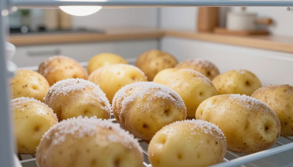 A close-up view of raw, unpeeled potatoes being carefully arranged in a freezer, showcasing their earthy texture and natural imperfections. The foreground features frost-covered potatoes, glistening under bright, soft lighting that highlights their details. In the middle, an open freezer door reveals more frozen potatoes, with crystal-like frost forming on the surfaces. The background is a soft-focus kitchen setting, evoking a warm and inviting atmosphere, with wooden shelves and rustic kitchenware. The composition emphasizes the contrast between fresh produce and the freezing process, creating a sense of curiosity about the effects of freezing on taste and texture. The overall mood is informative and contemplative, engaging the viewer to consider the impact of freezing on food quality. A close-up view of raw, unpeeled potatoes being carefully arranged in a freezer, showcasing their earthy texture and natural imperfections. The foreground features frost-covered potatoes, glistening under bright, soft lighting that highlights their details. In the middle, an open freezer door reveals more frozen potatoes, with crystal-like frost forming on the surfaces. The background is a soft-focus kitchen setting, evoking a warm and inviting atmosphere, with wooden shelves and rustic kitchenware. The composition emphasizes the contrast between fresh produce and the freezing process, creating a sense of curiosity about the effects of freezing on taste and texture. The overall mood is informative and contemplative, engaging the viewer to consider the impact of freezing on food quality.