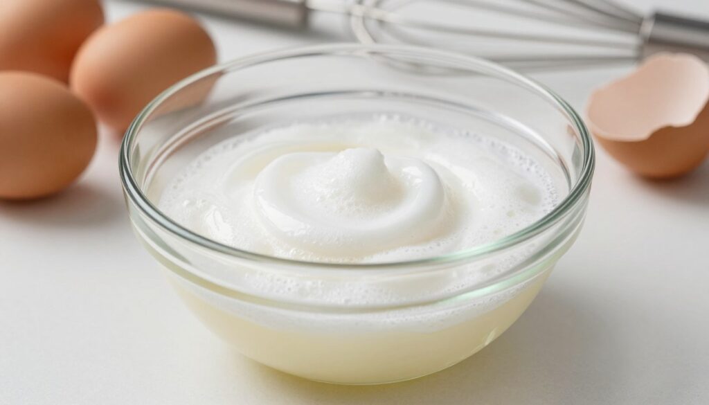 A close-up view of thawed egg whites in a glass bowl sitting on a clean, white countertop. The egg whites are glossy and slightly frothy, reflecting soft natural light. In the background, a few egg shells and a whisk can be seen, subtly hinting at their culinary use. The focus is sharp on the bowl and the texture of the egg whites, while the background is softly blurred to create depth. The overall atmosphere is clean and inviting, ideal for a kitchen setting, evoking a sense of preparation and freshness for cooking or baking. The lighting is warm and bright, enhancing the clarity of the egg whites while emphasizing a professional and organized kitchen environment.