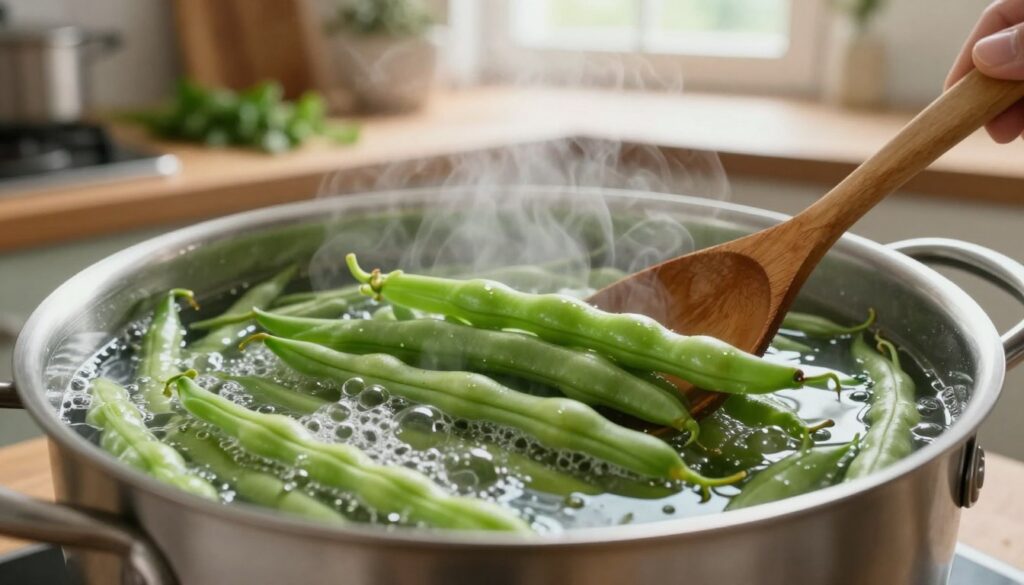 A close-up view of vibrant green string beans (fasolka szparagowa) being blanched in a pot of bubbling water. The beans are bright and freshly washed, some floating while others sink slightly in the boiling water, with steam rising up. In the foreground, a wooden spoon stirs the beans, showcasing their texture. In the middle background, the kitchen is warmly lit, with rustic kitchenware and herbs on a wooden countertop, creating a cozy, homey atmosphere. Soft natural light filters through a window, casting gentle shadows, enhancing the inviting feel of the cooking process. The overall mood is one of freshness and culinary preparation, emphasizing the importance of blanching in cooking. A close-up view of vibrant green string beans (fasolka szparagowa) being blanched in a pot of bubbling water. The beans are bright and freshly washed, some floating while others sink slightly in the boiling water, with steam rising up. In the foreground, a wooden spoon stirs the beans, showcasing their texture. In the middle background, the kitchen is warmly lit, with rustic kitchenware and herbs on a wooden countertop, creating a cozy, homey atmosphere. Soft natural light filters through a window, casting gentle shadows, enhancing the inviting feel of the cooking process. The overall mood is one of freshness and culinary preparation, emphasizing the importance of blanching in cooking.