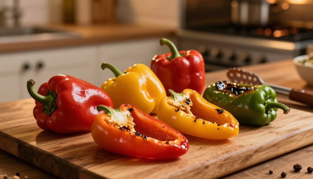 A close-up view of vibrant, roasted bell peppers arranged on a rustic wooden cutting board. The peppers are charred slightly on the skin, showcasing their glossy, rich colors of red, yellow, and green. In the background, a warm, softly lit kitchen is visible, with hints of an oven and spices scattered around, enhancing the cooking atmosphere. The lighting is warm and inviting, casting gentle shadows that highlight the textures of the peppers and the wood. A pair of tongs rests beside the peppers, suggesting the action of removing them from the oven. The overall mood is inviting and homey, perfect for illustrating the process of roasting peppers to enhance their sweet flavor and make peeling easy.