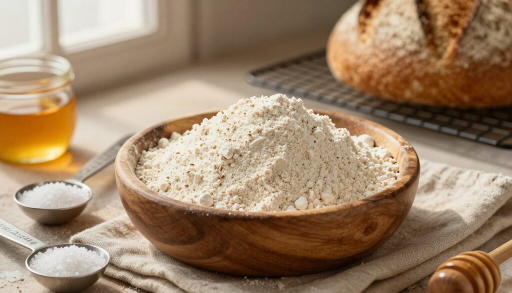 A close-up view of whole grain rye flour, "mąki żytniej," displayed in a rustic wooden bowl on a textured linen cloth. The flour is soft and powdery, with a slight sheen, illustrating its freshness and quality. Surrounding the bowl, there are small measuring spoons filled with other essential baking ingredients like salt, yeast, and honey, conveying a sense of preparation. Light from a nearby window casts a warm, golden hue on the scene, highlighting the textures of the flour and the rustic elements. In the background, slightly blurred, a loaf of freshly baked rye bread rests on a cooling rack, enhancing the mood of a cozy kitchen atmosphere, inviting the viewer to explore the art of bread-making. A close-up view of whole grain rye flour, "mąki żytniej," displayed in a rustic wooden bowl on a textured linen cloth. The flour is soft and powdery, with a slight sheen, illustrating its freshness and quality. Surrounding the bowl, there are small measuring spoons filled with other essential baking ingredients like salt, yeast, and honey, conveying a sense of preparation. Light from a nearby window casts a warm, golden hue on the scene, highlighting the textures of the flour and the rustic elements. In the background, slightly blurred, a loaf of freshly baked rye bread rests on a cooling rack, enhancing the mood of a cozy kitchen atmosphere, inviting the viewer to explore the art of bread-making.